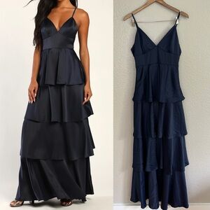 NWOT Going with Elegance Navy Blue Satin Tiered Maxi Dress